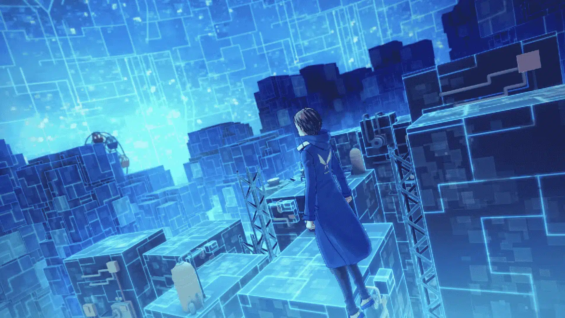 Digimon character in a blue coat stands on a digital, blocky platform looking over a cyberspace city.