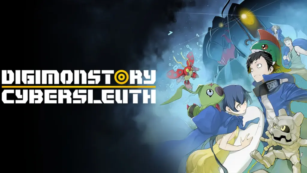 Digimon Story Cyber Sleuth artwork featuring two teens and several Digimon in a dark digital setting.