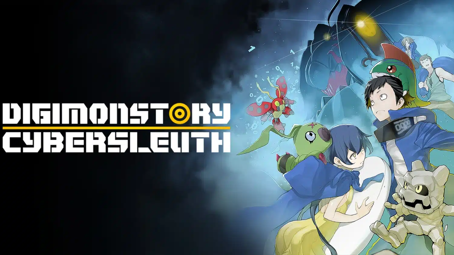 Digimon Story Cyber Sleuth artwork featuring two teens and several Digimon in a dark digital setting.
