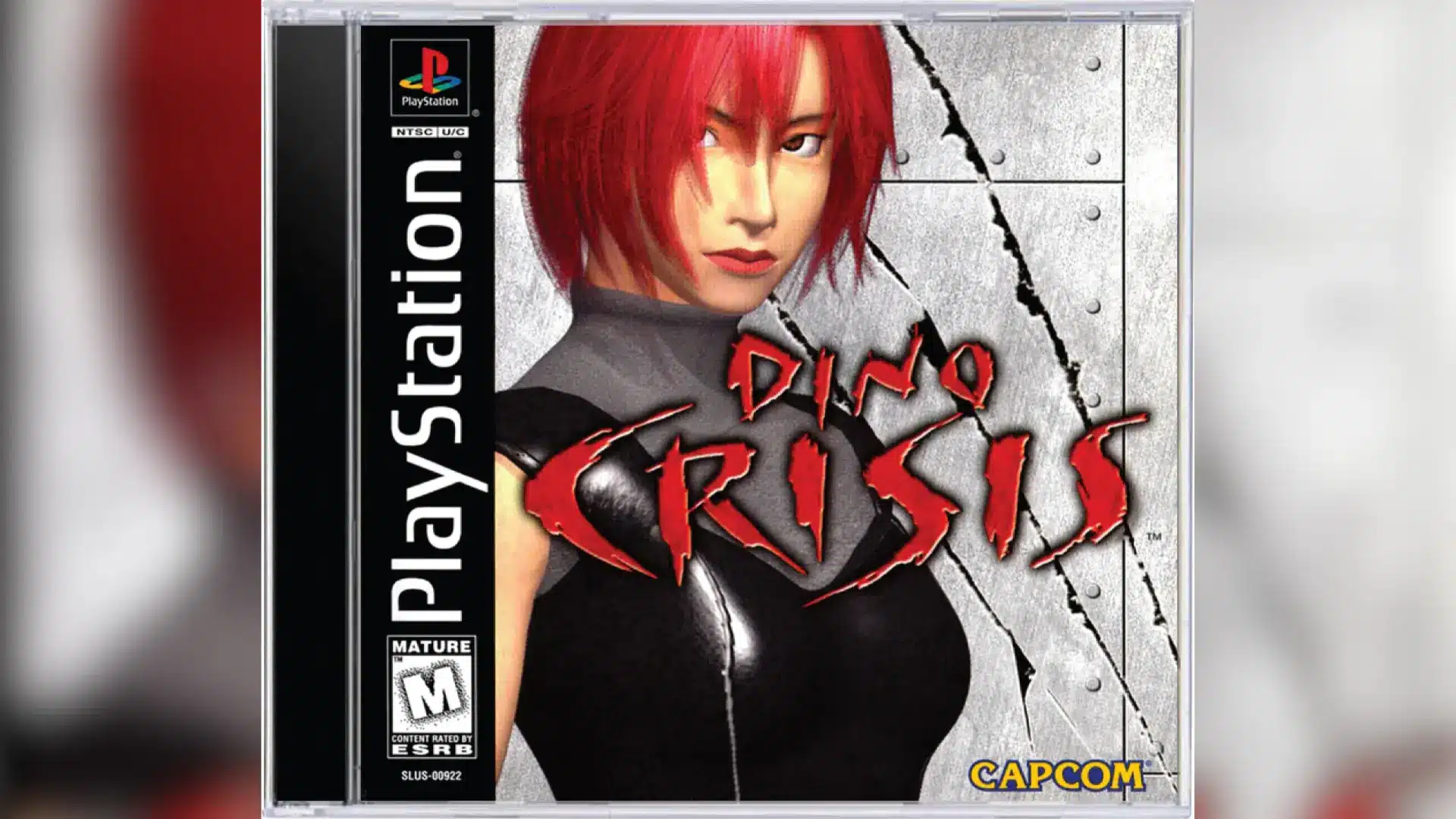 PlayStation 1 game cover for Dino Crisis featuring Regina, a red-haired woman, and Capcom logo.