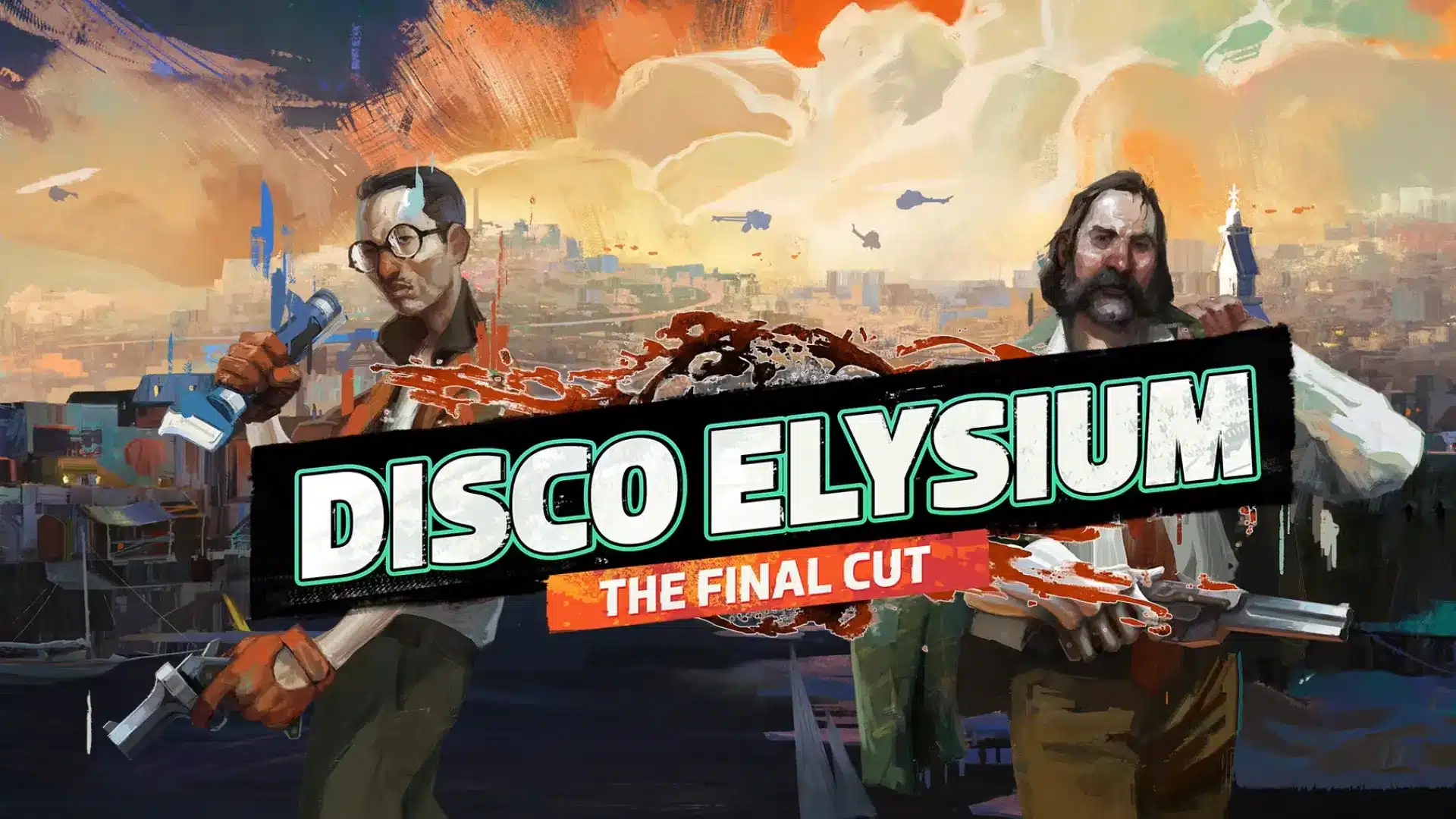 Disco Elysium The Final Cut detectives stand before a painted city skyline at sunset