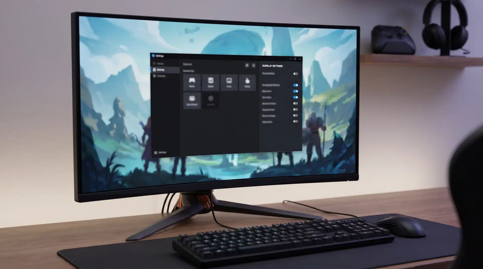 Gaming monitor with overlay settings window open beside a game screen