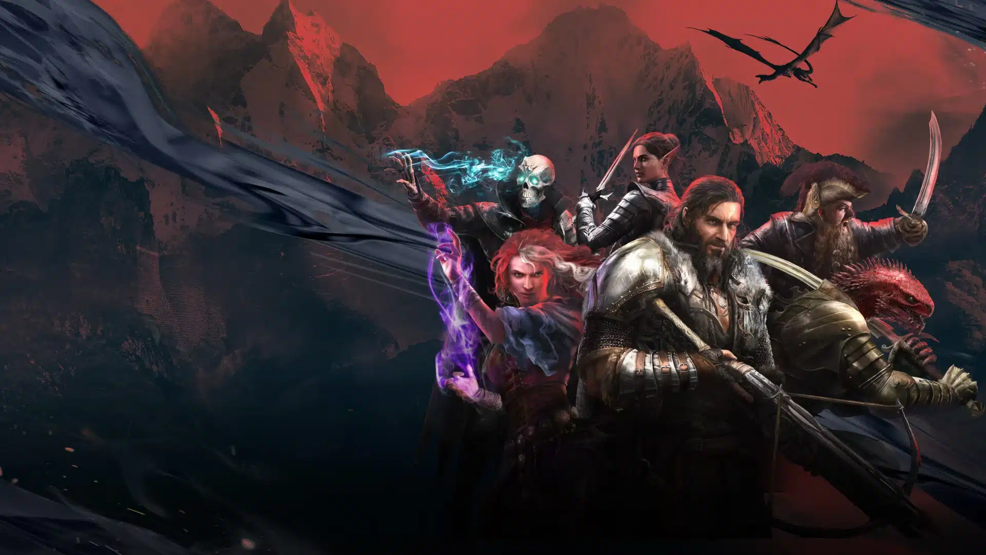 Divinity Original Sin 2 heroes gather before dark mountains under a red dragon sky