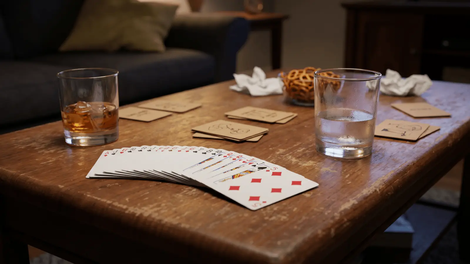 Card game setup with drinks and challenge cards on a table