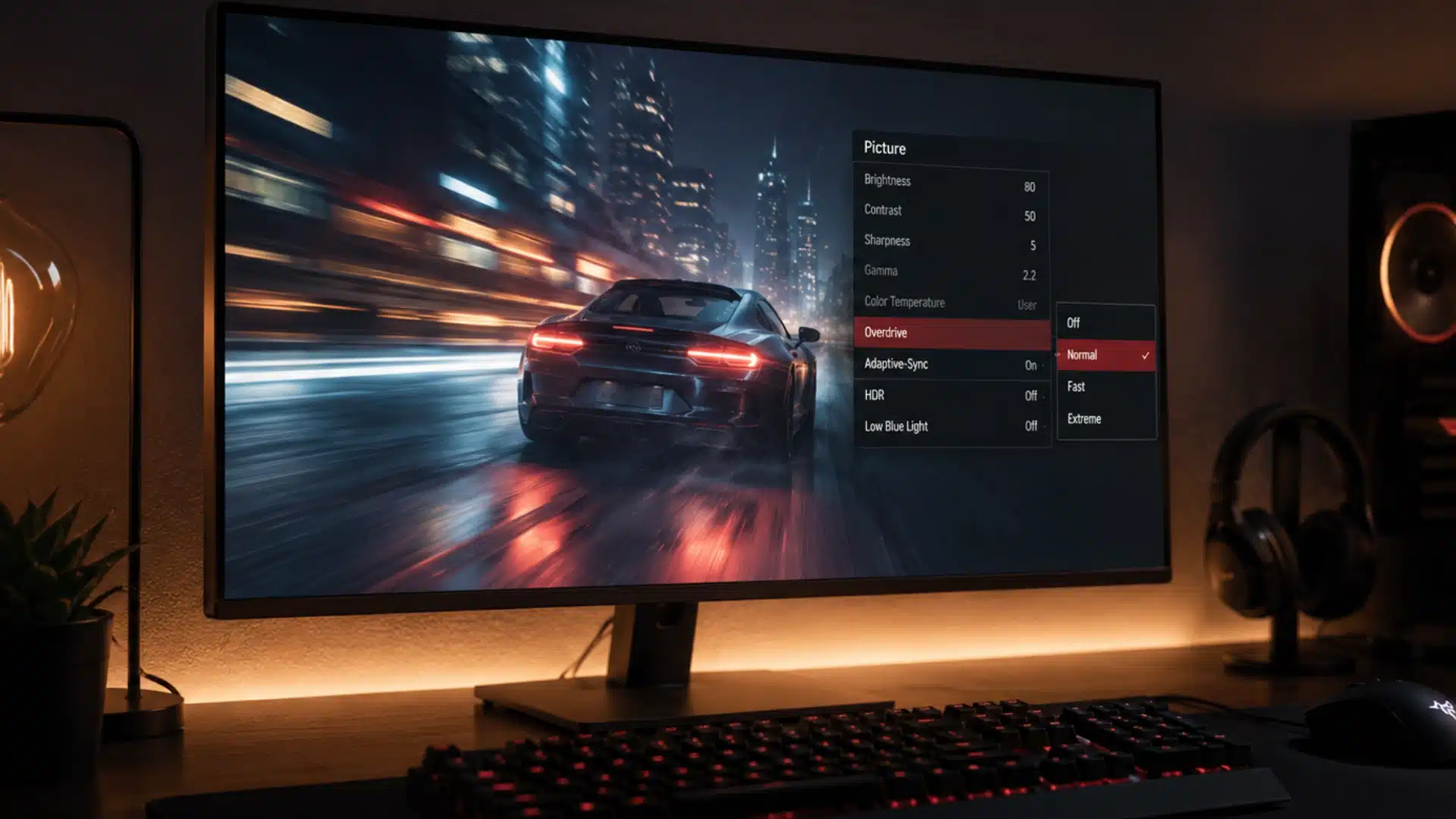 Gaming monitor showing overdrive settings during fast motion with no added input lag