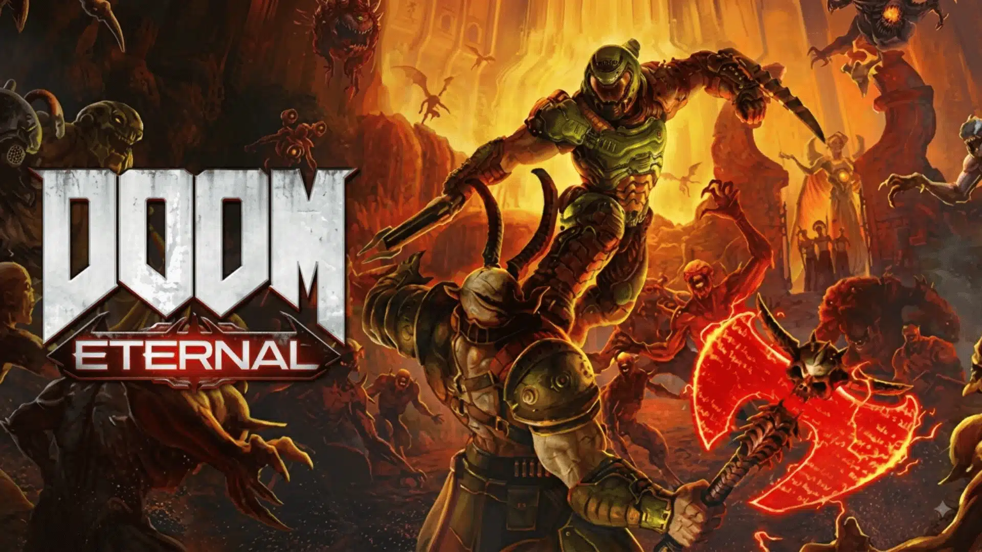 DOOM Eternal cover art showing the Doom Slayer battling demons with weapons in a fiery hellscape.