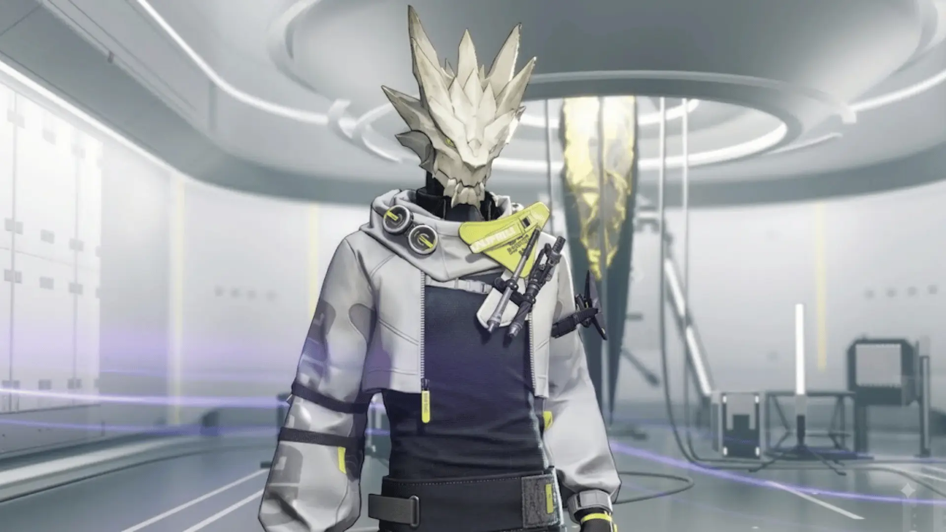 A sci-fi character with a spiked dragon head and yellow eyes, wearing a white techwear jacket, standing in a futuristic laboratory.