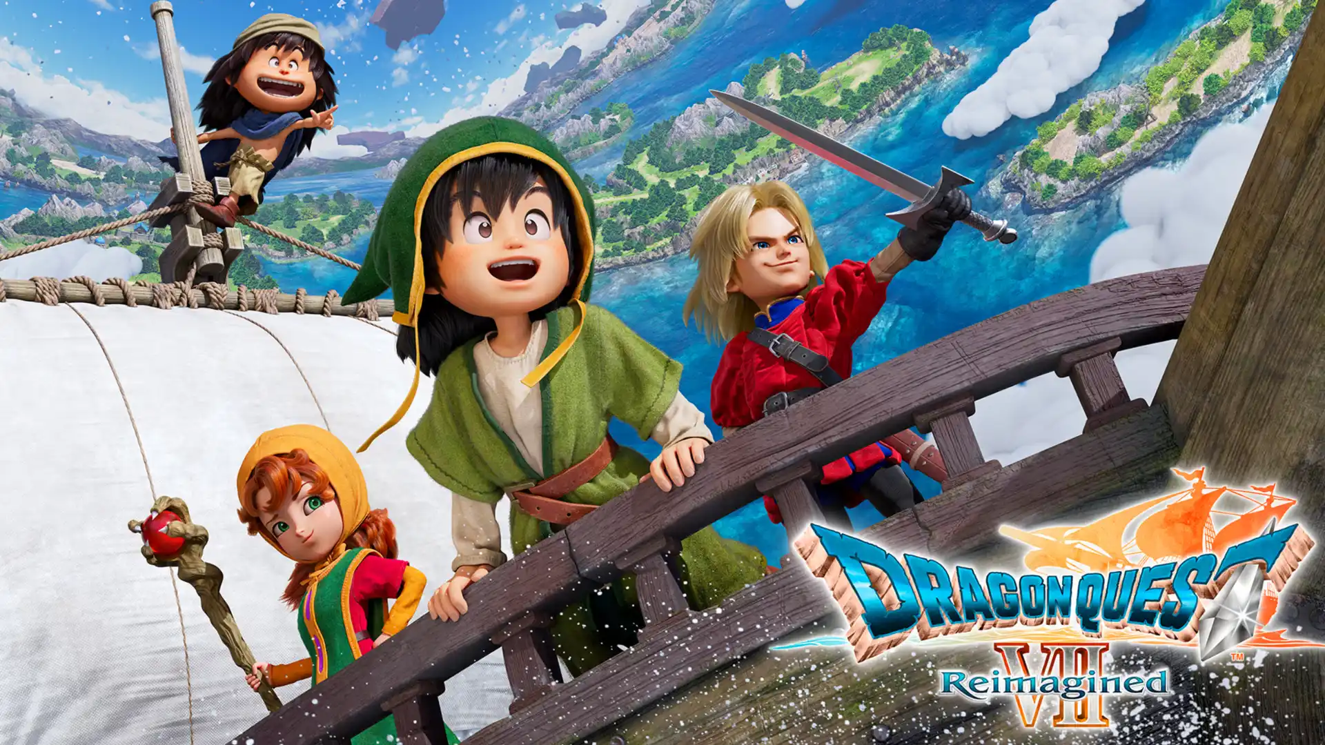 Dragon Quest VII Reimagined heroes sail above a bright island world with the game logo