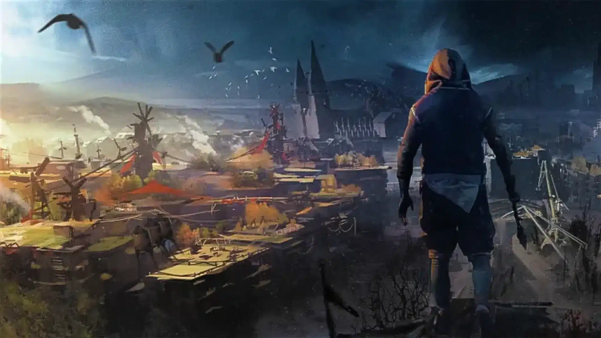 Dying Light 2 gameplay scene showing a survivor standing on a rooftop above a post-apocalyptic city landscape