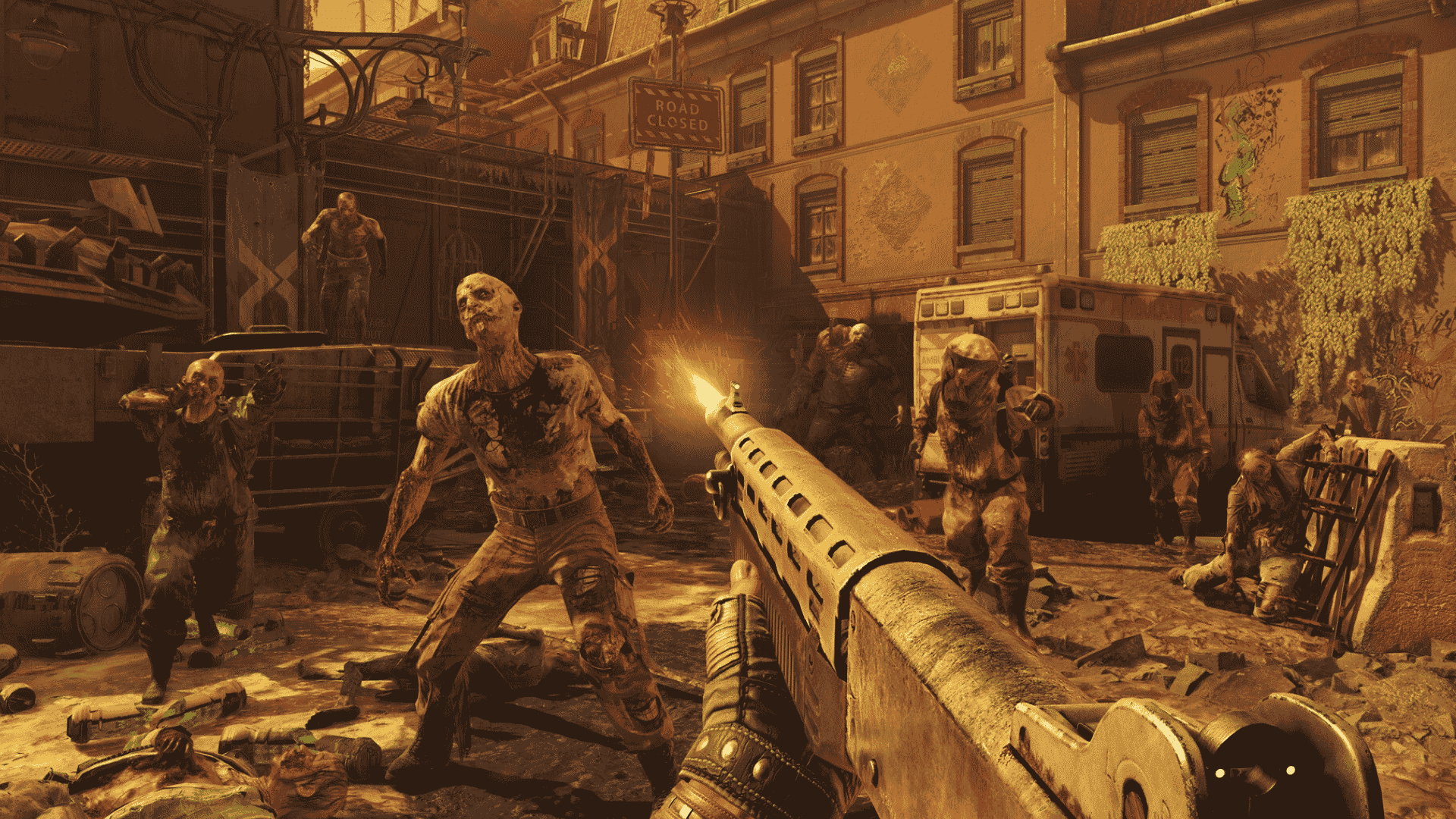 Dying Light 2 first person combat scene showing zombies attacking near an ambulance