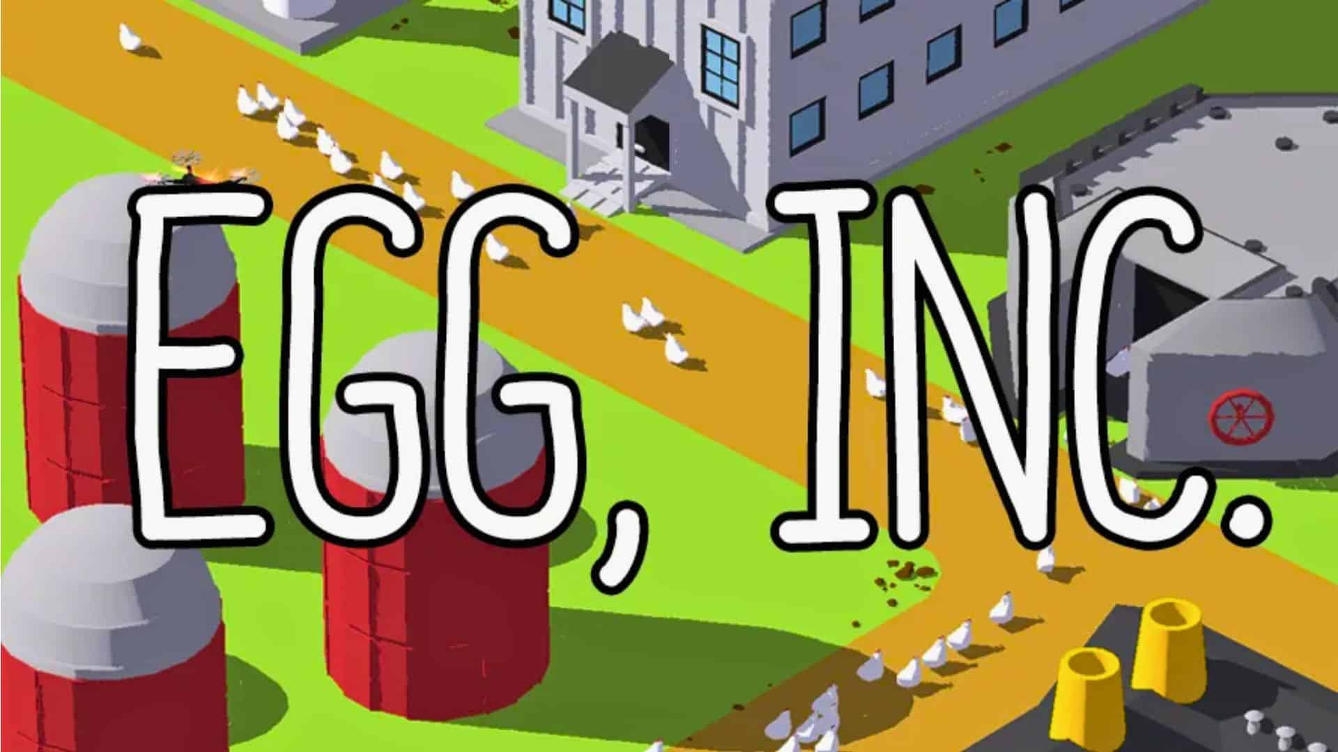 Egg Inc. game logo over a colorful farm landscape with buildings and paths.