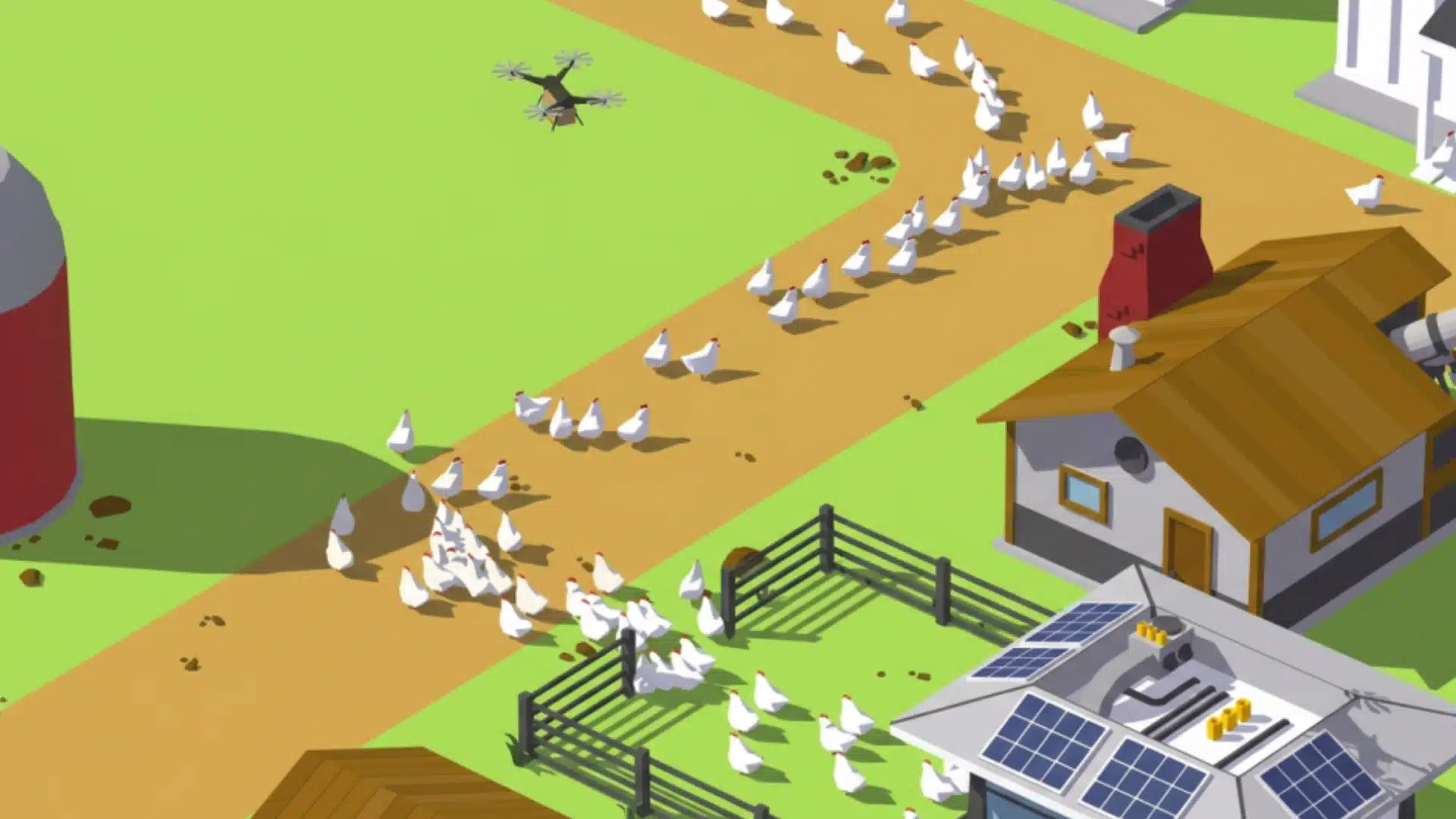 Egg, Inc. gameplay showing a busy chicken farm with coops, roads, and roaming white hens