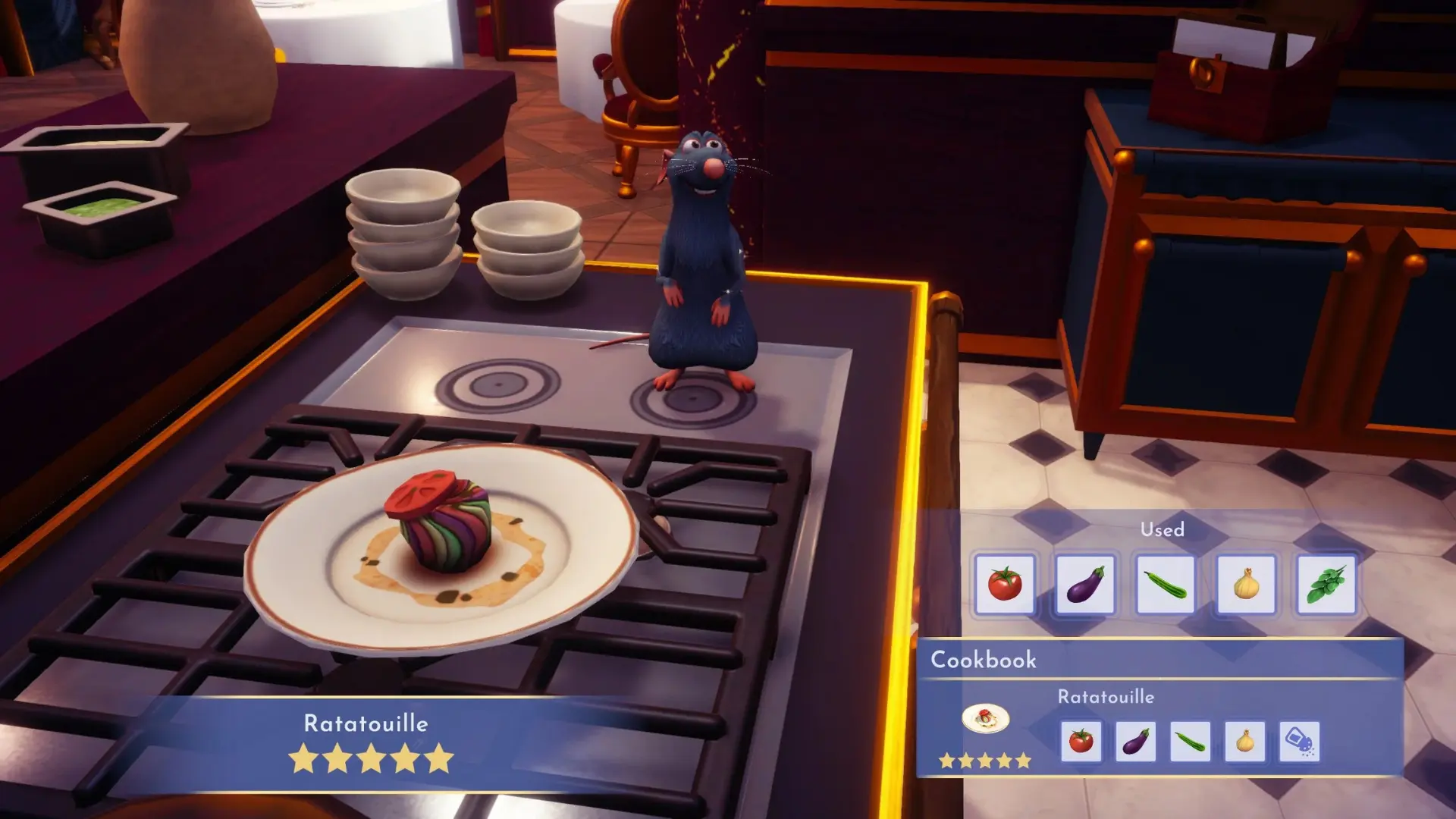 Ratatouille recipe screen in Disney Dreamlight Valley showing a five-star dish and its vegetable ingredients.