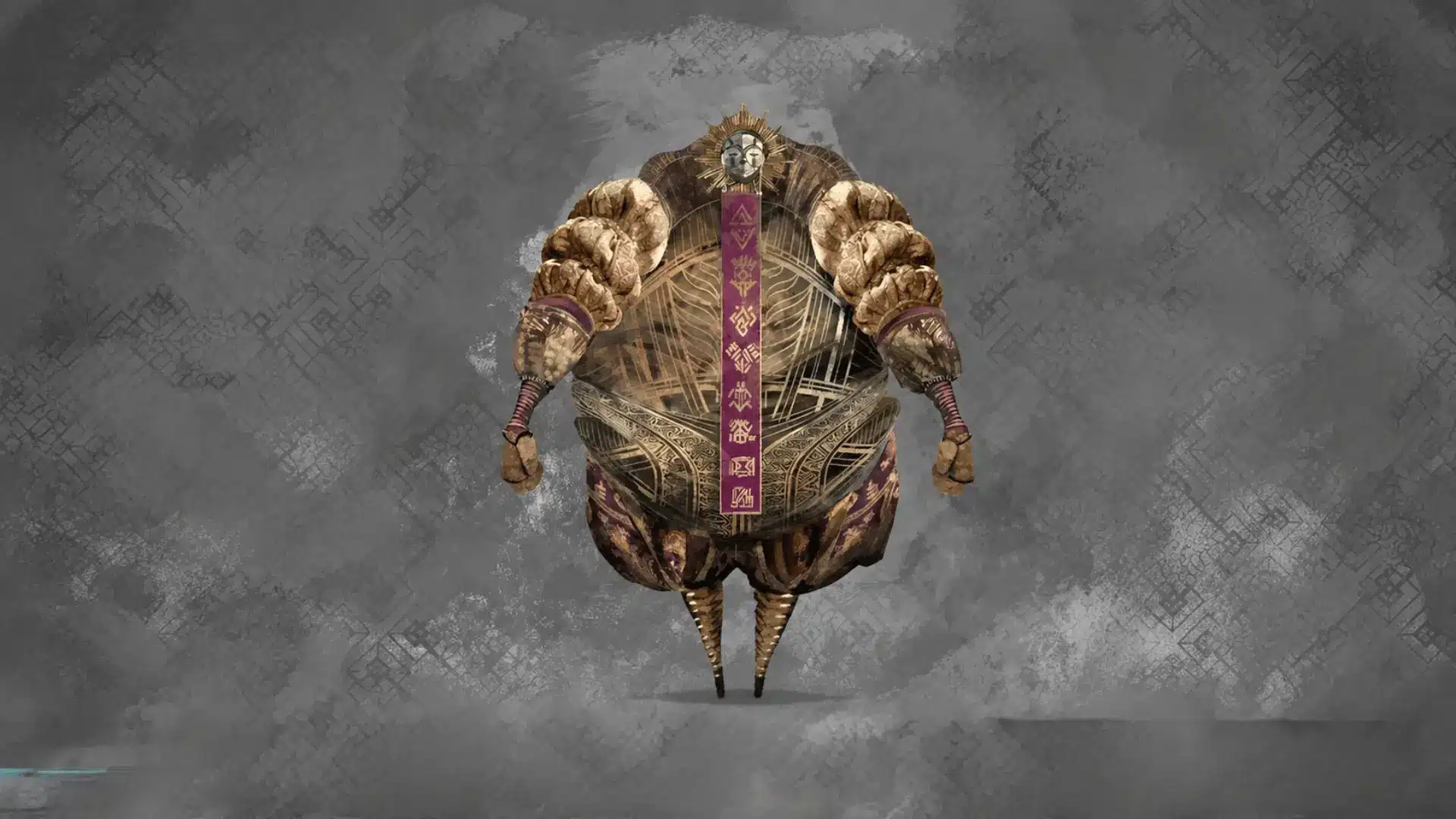 Esquie, a mythical creature in patterned gold and purple clothing against a gray textured background.