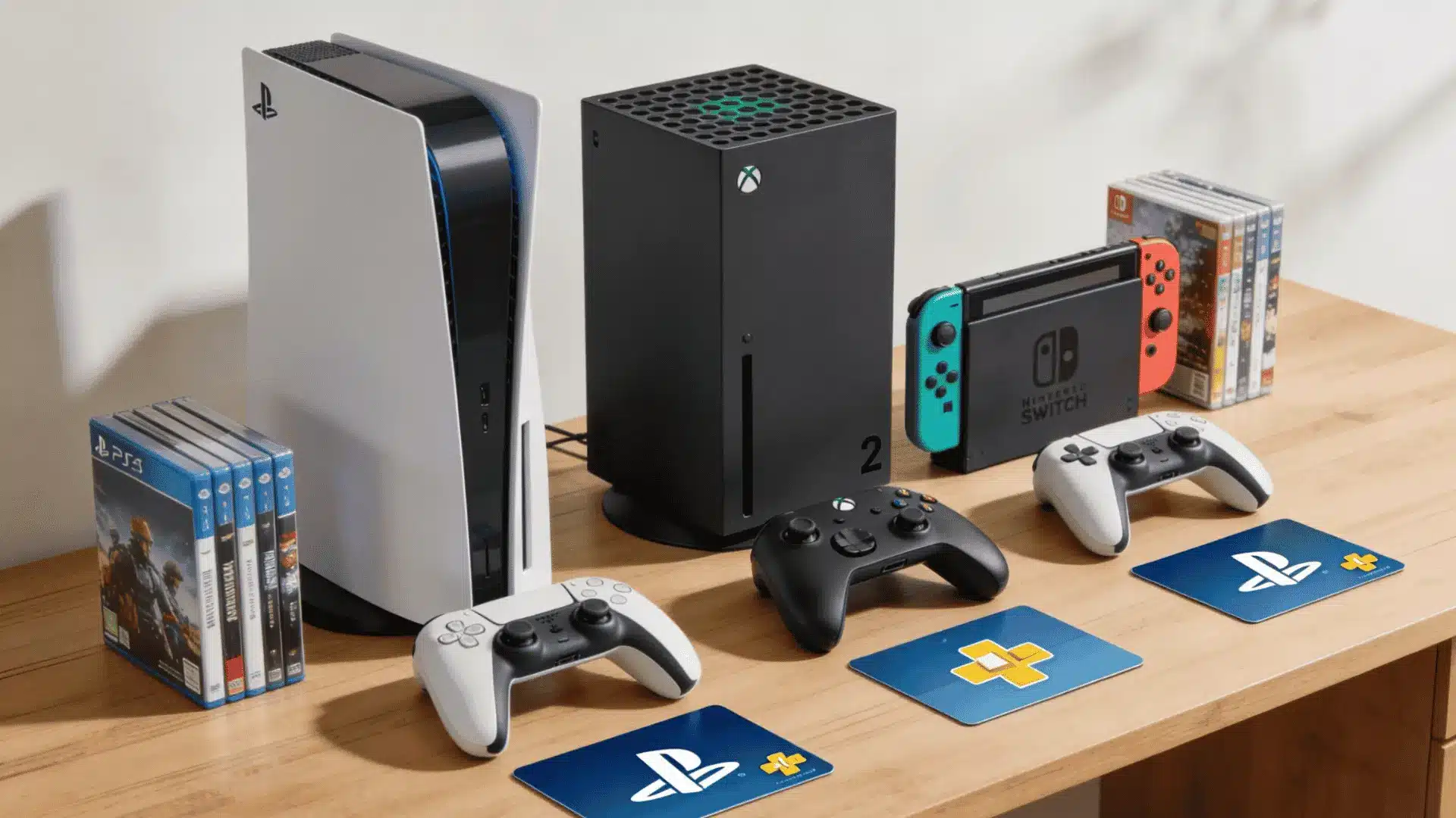 PS5 Pro, Xbox Series X, Nintendo Switch 2 with controllers and subscription service cards on a desk