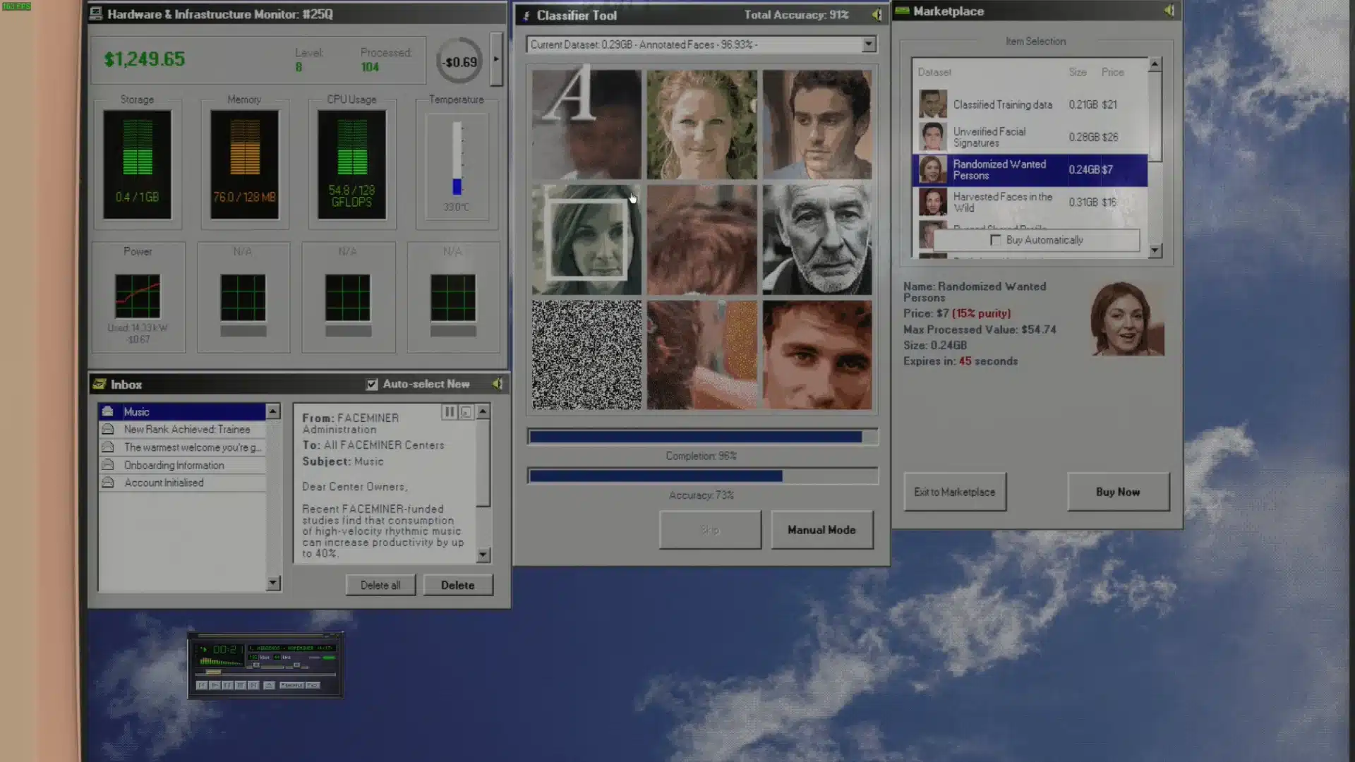 FACEMINER gameplay showing classifier tool, hardware stats, inbox, and data marketplace