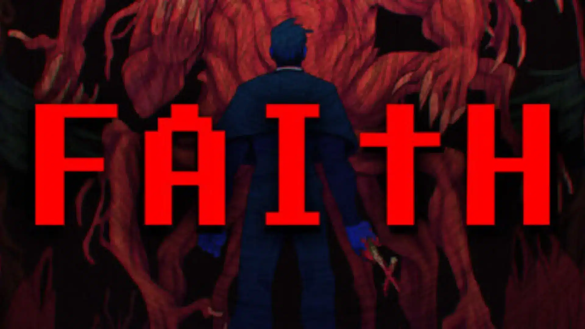FAITH game header showing a dark figure facing a red demonic creature with large pixel-style red title text.