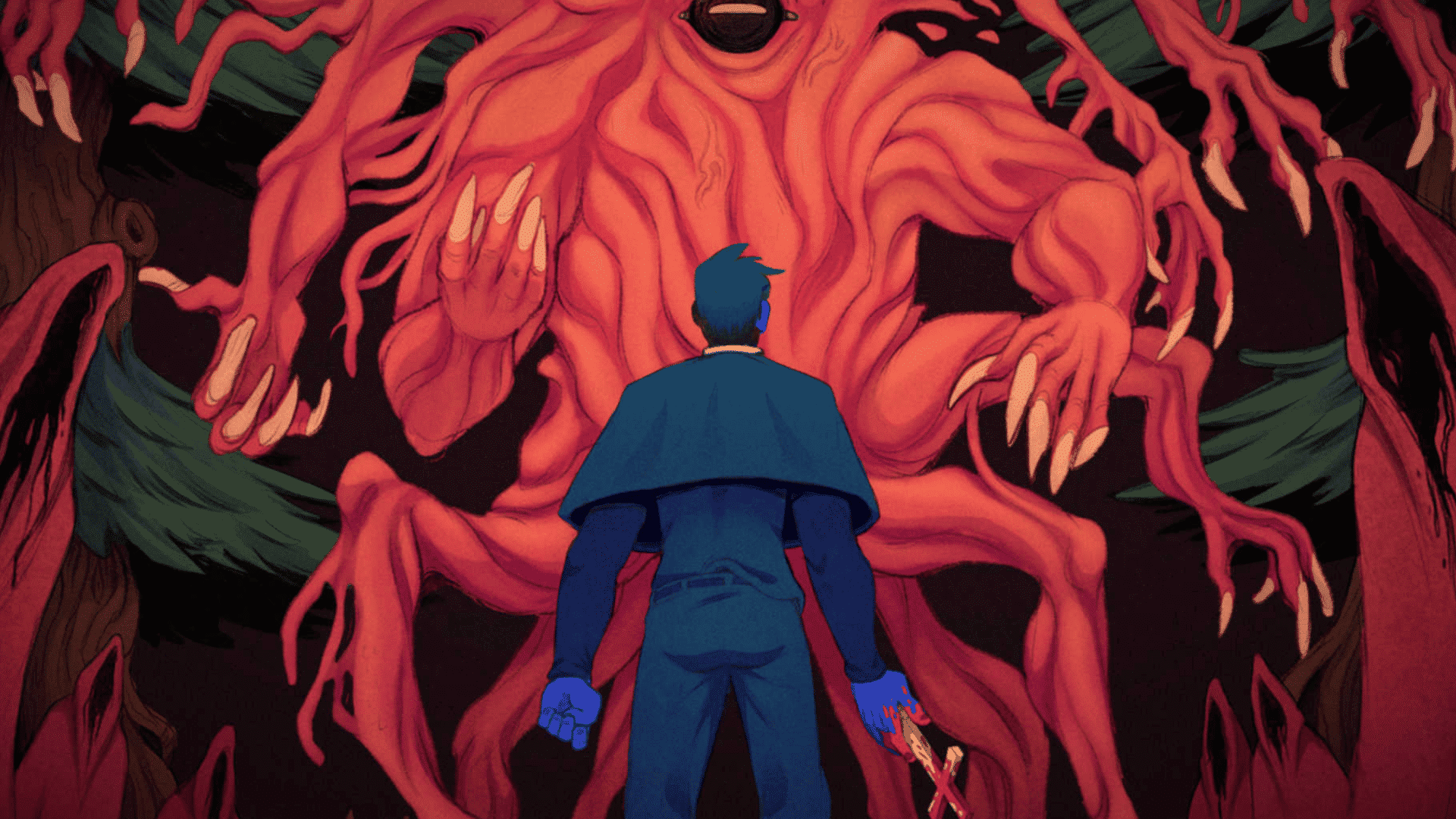 A priest in a blue cassock holds a crucifix, facing a massive, multi-limbed red flesh monster with claws.