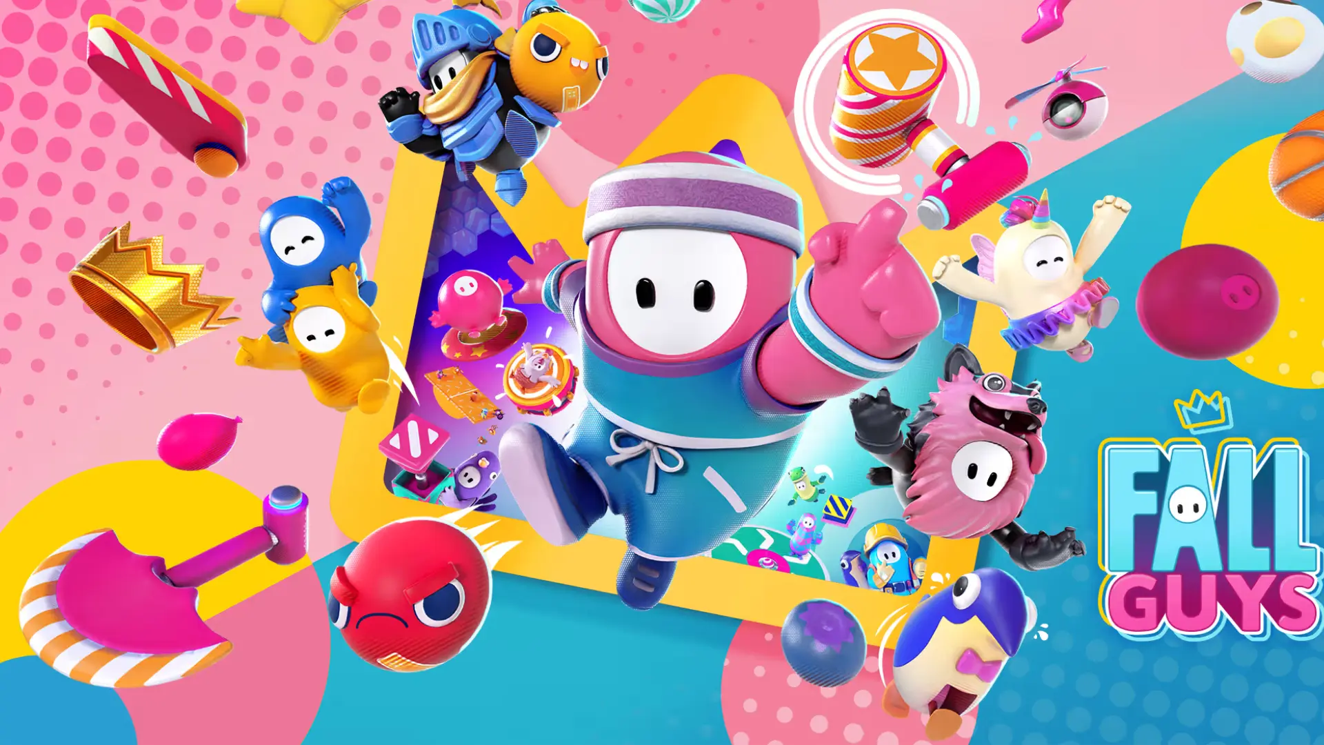 Colorful Fall Guys characters leap together through a bright, obstacle-filled party scene