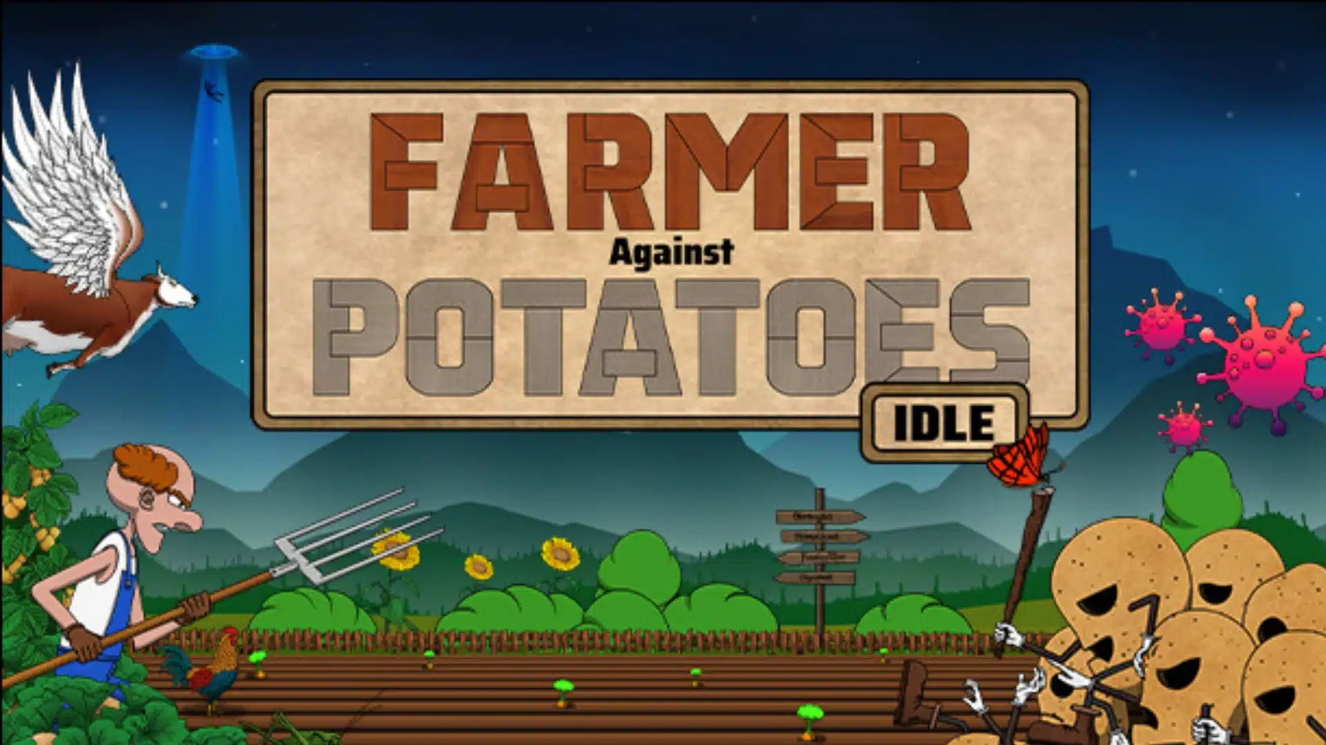 Farmer Against Potatoes Idle artwork showing a farmer battling angry potato enemies