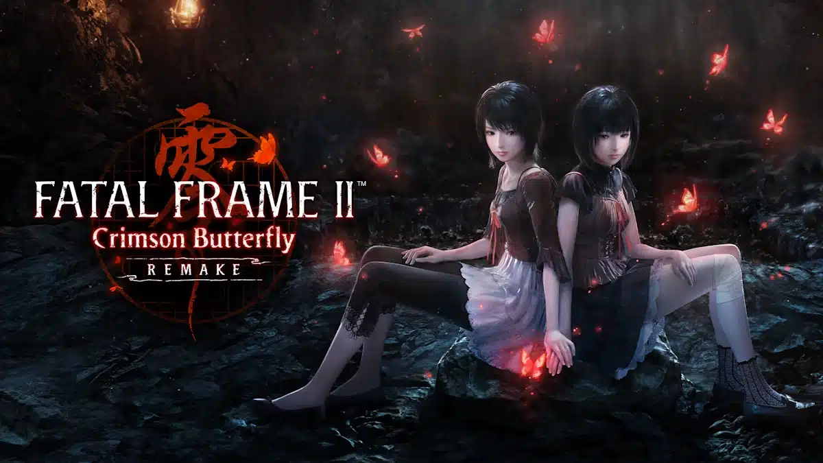 Fatal Frame II Crimson Butterfly remake artwork showing two characters in a dark cave with glowing red butterflies.
