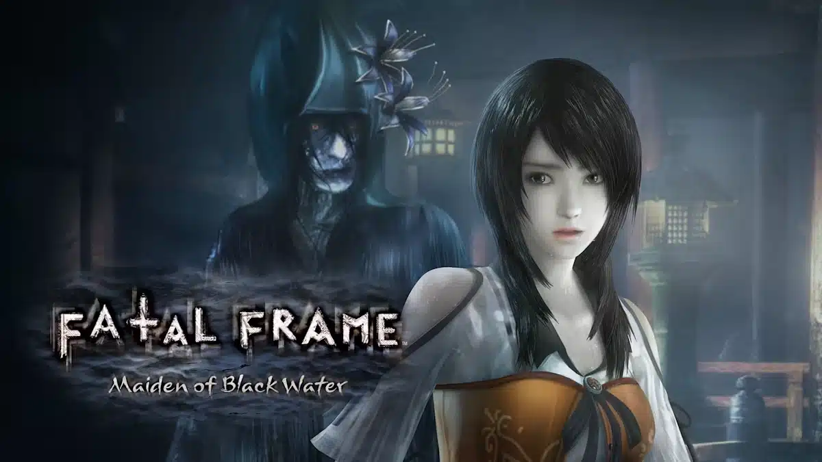 Fatal Frame Maiden of Black Water artwork showing a character with a ghostly figure in a dark room.