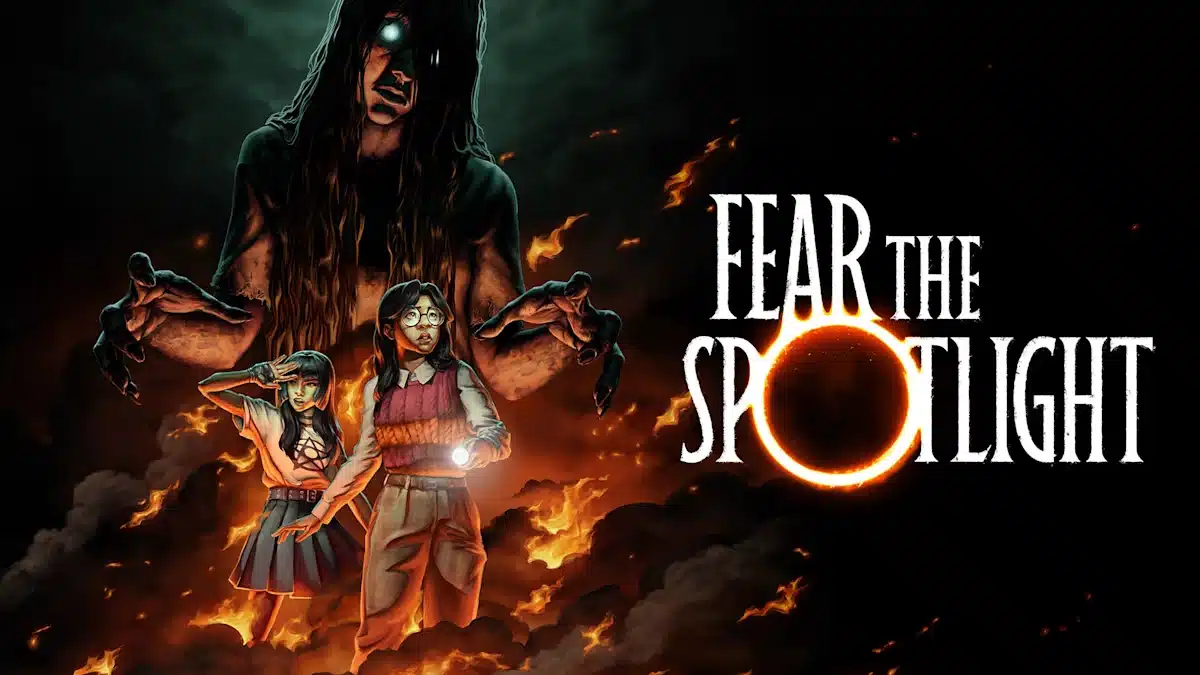 Fear the Spotlight game artwork showing two characters facing a shadowy creature surrounded by fire.