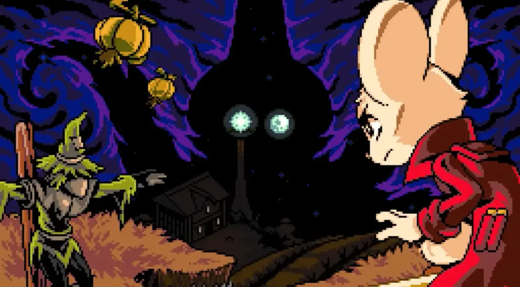 Mina faces a scarecrow-like figure in a dark pixel-art scene from Mina the Hollower.