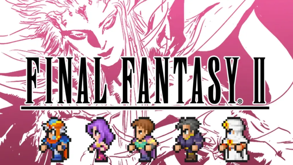 Final Fantasy II logo above five pixel-art characters against a pink illustrated backdrop