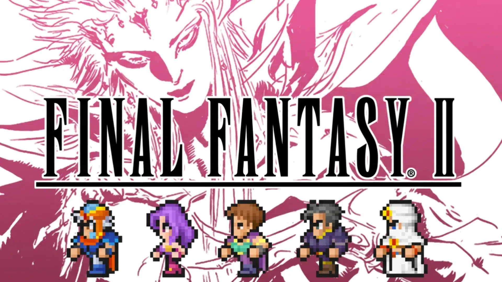 Final Fantasy II logo above five pixel-art characters against a pink illustrated backdrop
