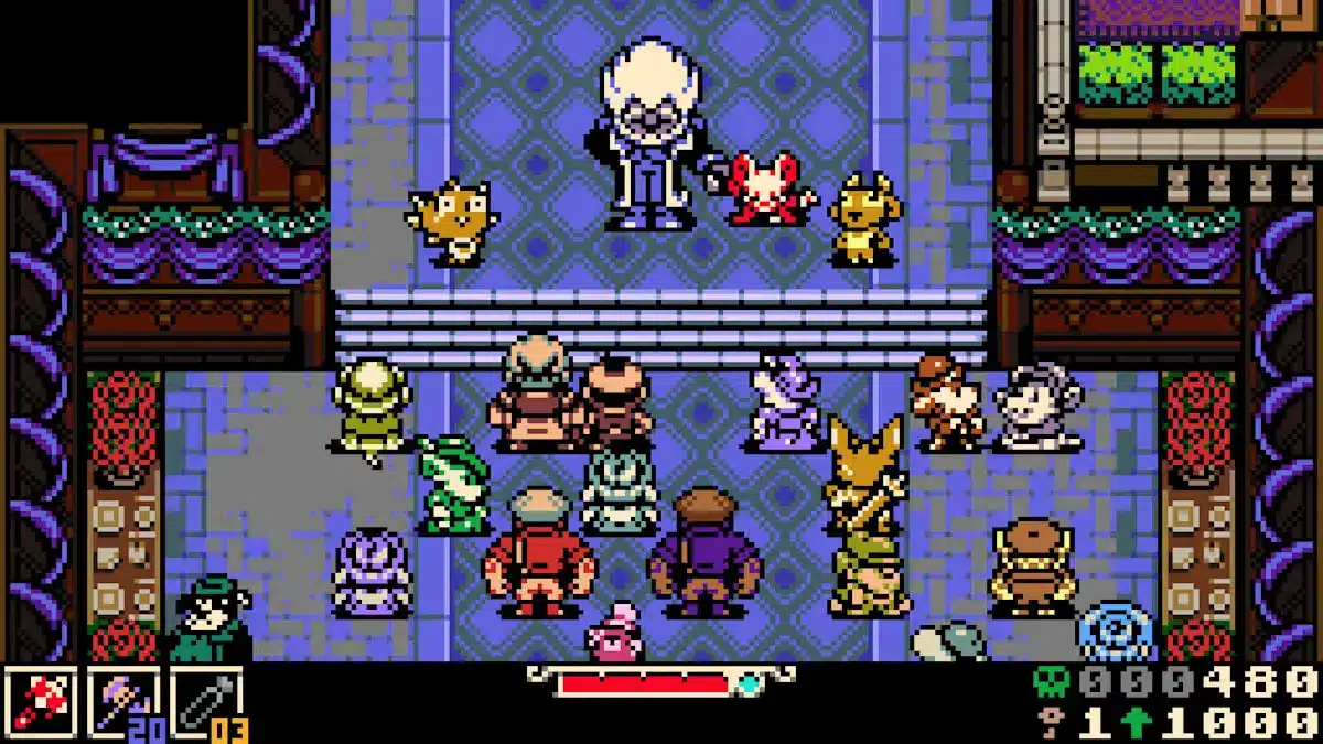 Mina the Hollower gameplay scene showing Mina facing a group of characters inside a blue and purple hall.
