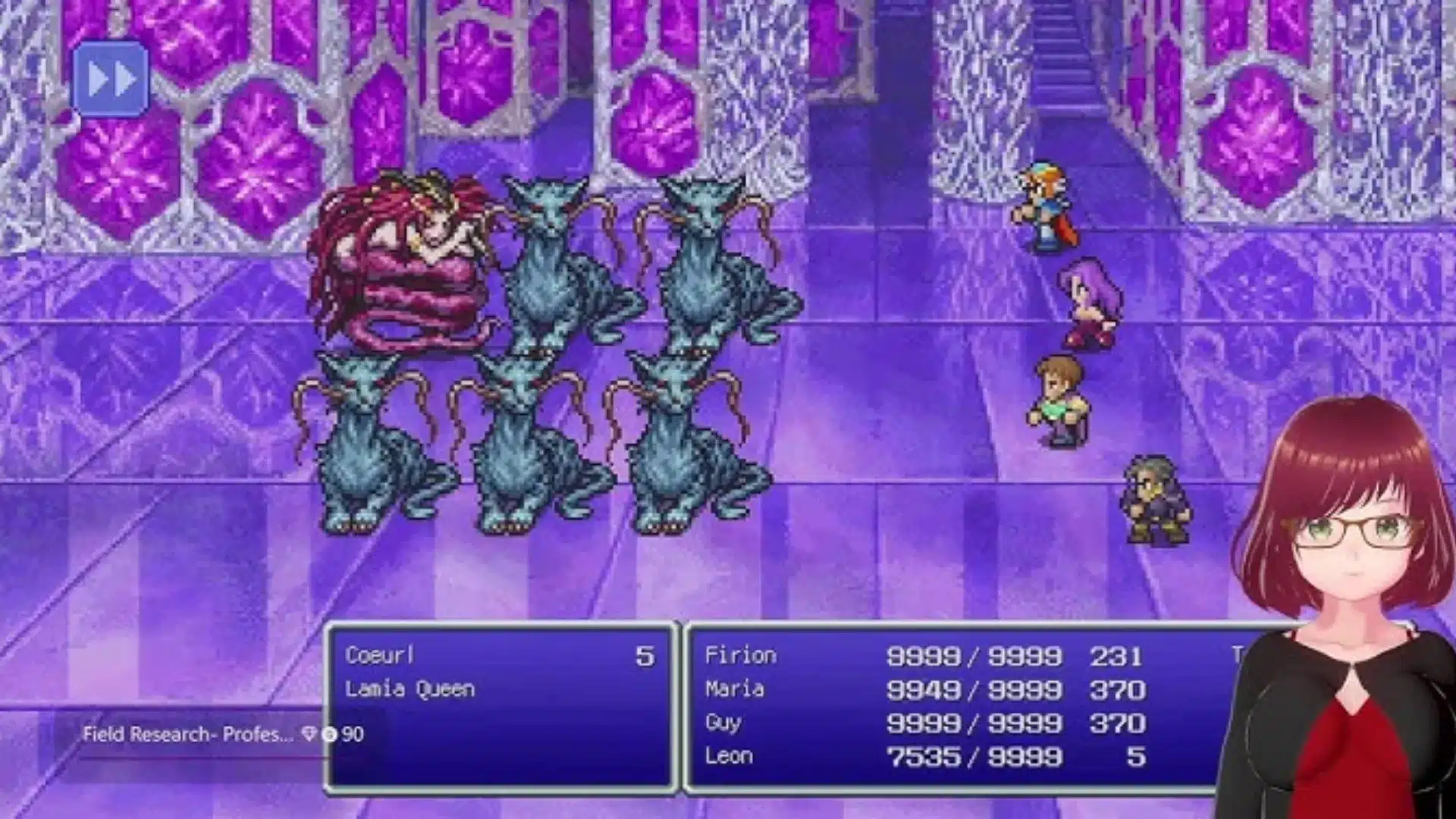 Final Fantasy II battle screen shows party facing monsters in a purple crystal dungeon