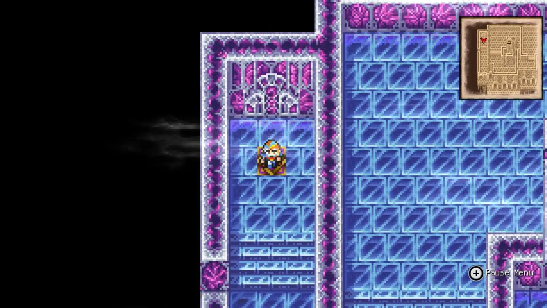 Final Fantasy II character explores a blue crystal dungeon with the minimap displayed