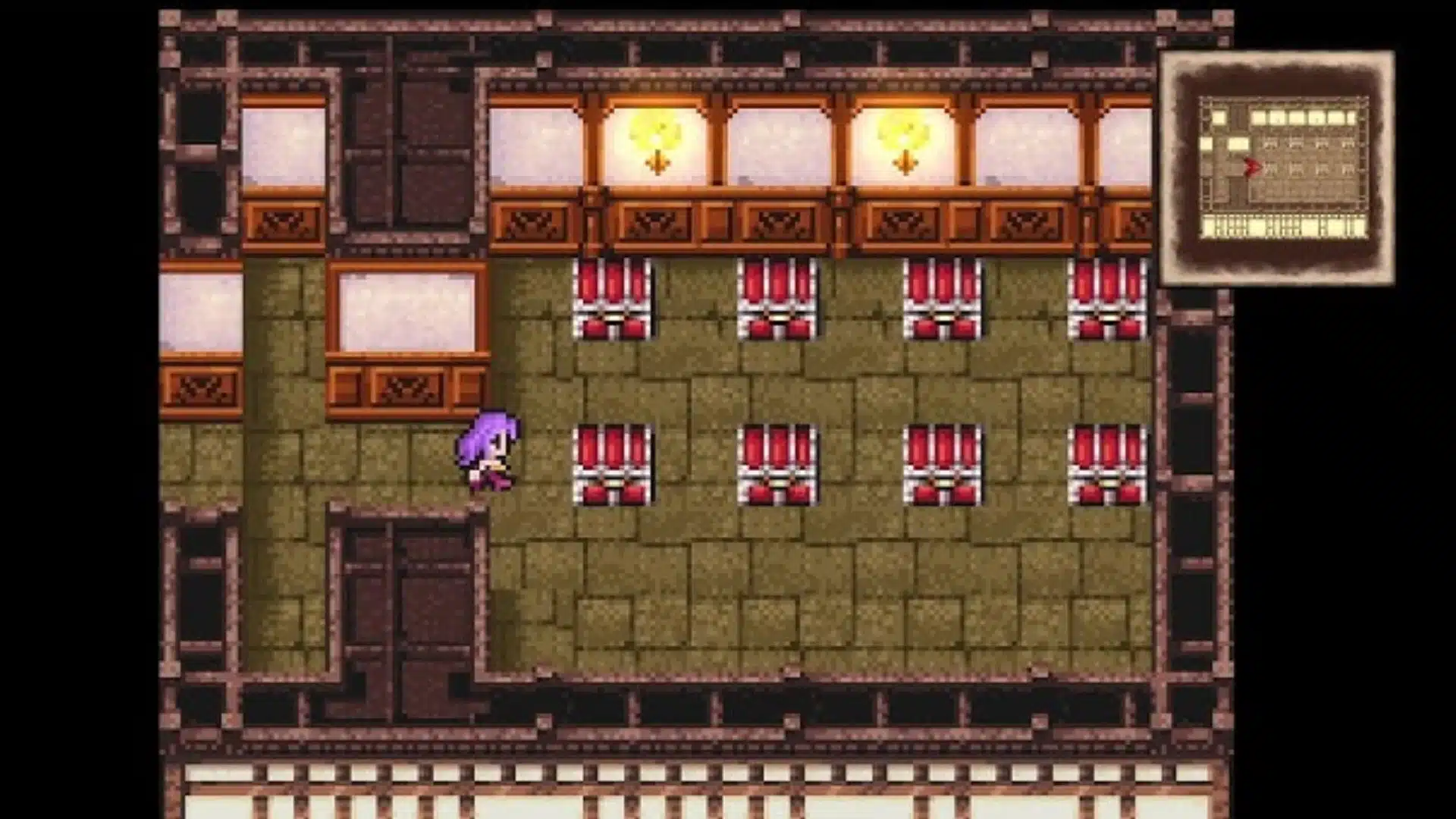 Final Fantasy II character explores a treasure room filled with red and white chests