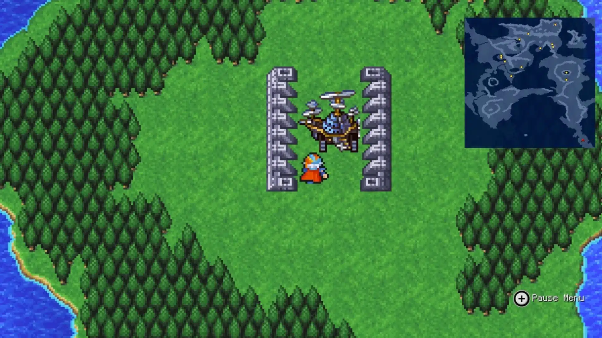 Final Fantasy II character stands by an airship on the world map with minimap visible
