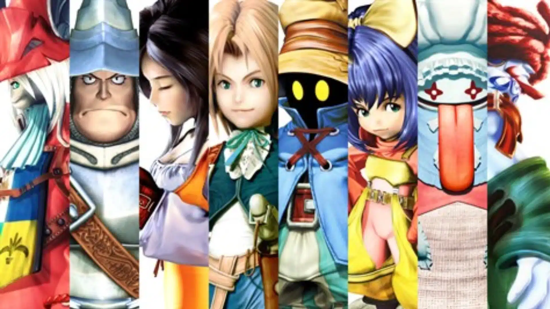 Final Fantasy IX characters shown in colorful portrait panels from across the main cast