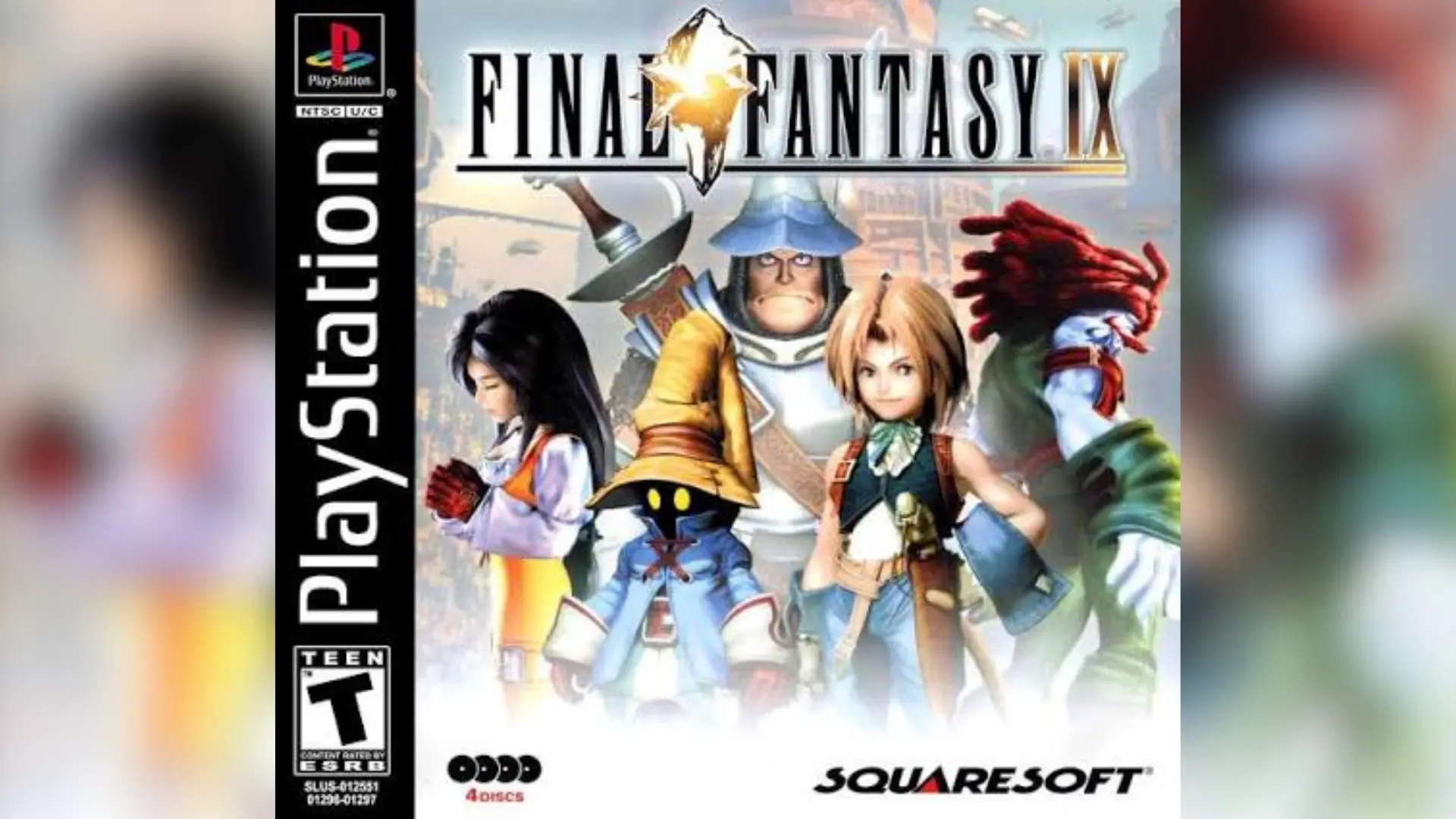 Final Fantasy IX PlayStation cover art showing main characters and Squaresoft branding.
