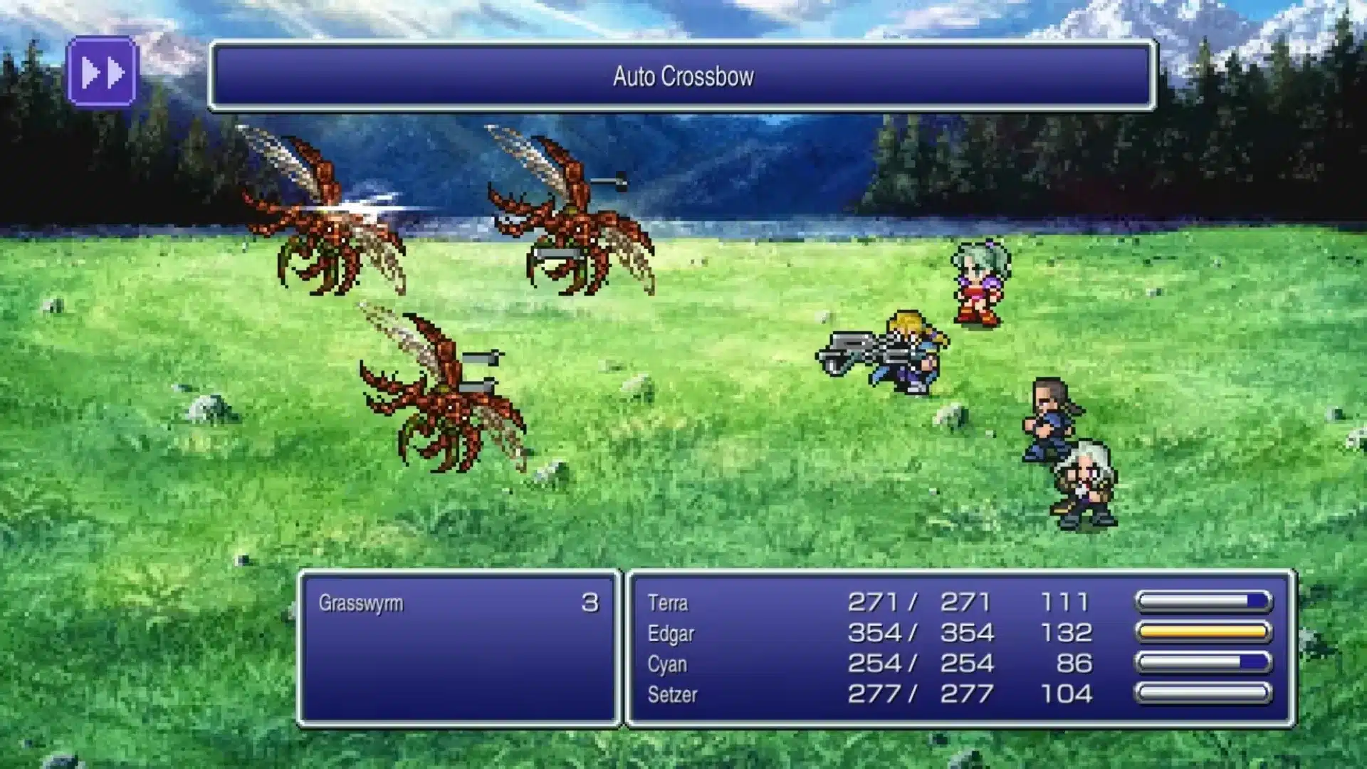 Final Fantasy VI party battles Grasswyrm enemies on a bright grassy field with mountains
