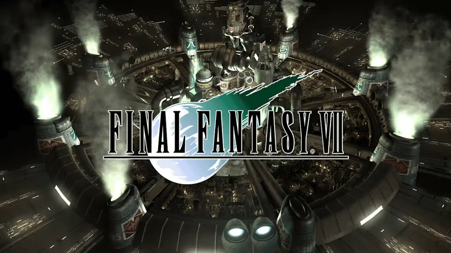 Final Fantasy VII logo over Midgar's industrial skyline, with glowing reactors and steam rising at night.