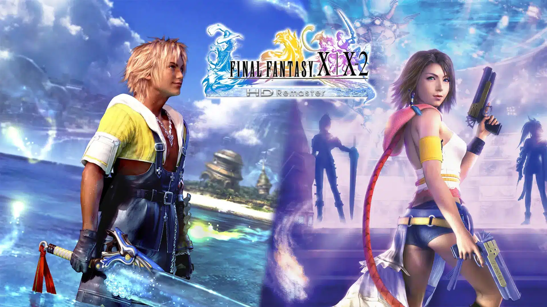 Final Fantasy X heroes Tidus and Yuna pose beside the HD Remaster logo in blue light
