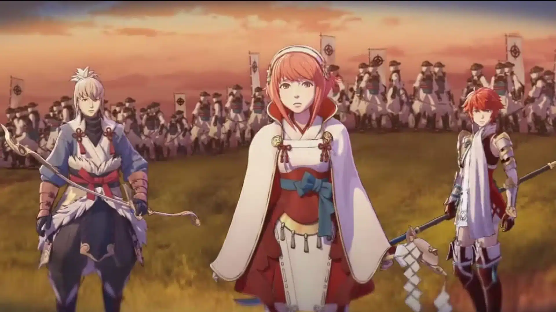 Fire Emblem Fates heroes stand before a large army at sunset on an open battlefield