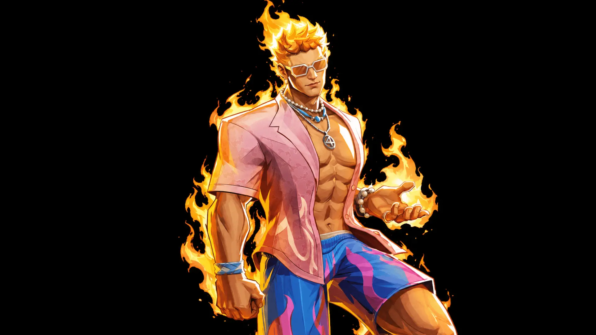 Flame-haired game character in sunglasses, pink shirt, and blue shorts surrounded by fire