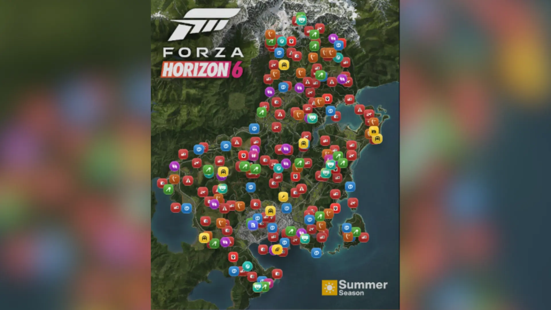 Forza Horizon 6 map with roads, locations, and activity markers across the terrain.