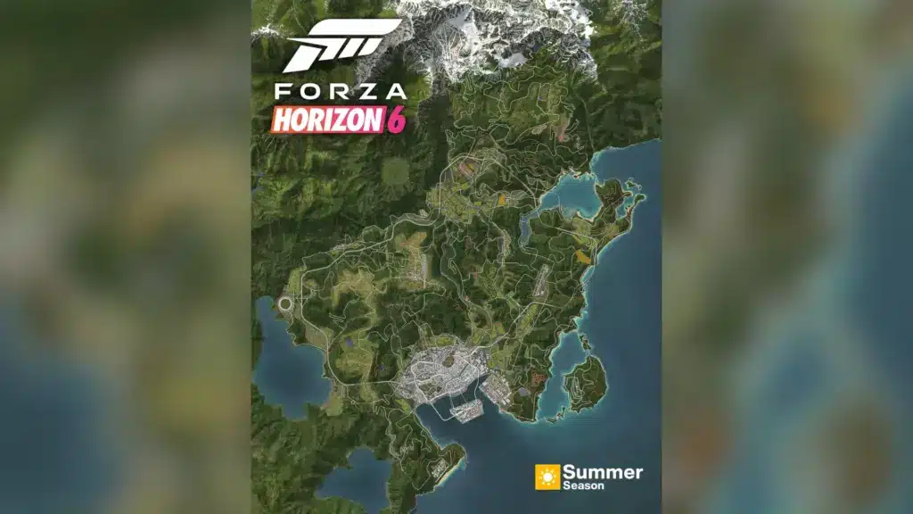Forza Horizon 6 map showing roads, terrain, coastline, and seasonal layout.