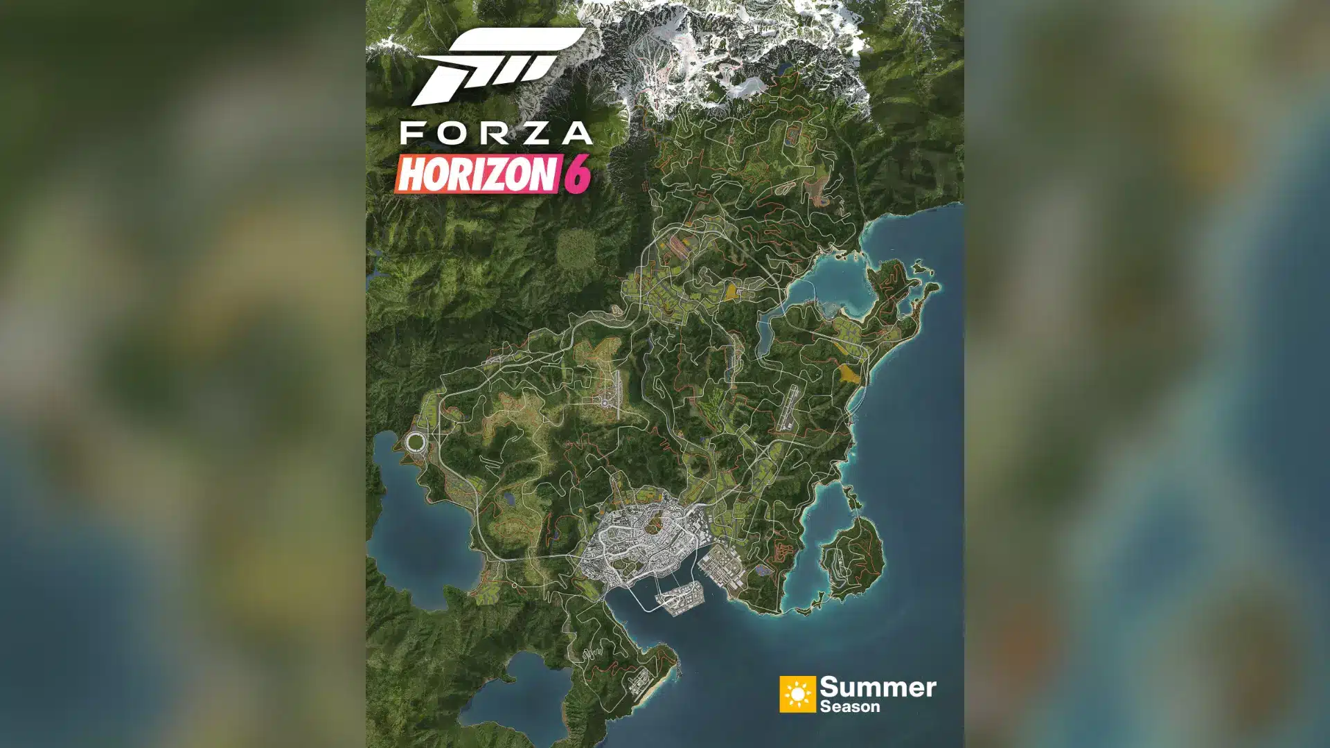 Forza Horizon 6 map showing roads, terrain, coastline, and seasonal layout.