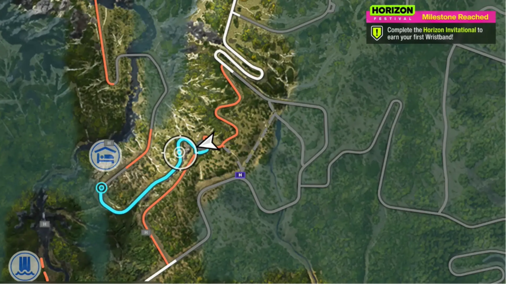 Forza Horizon 6 map showing roads, route markers, and terrain areas.