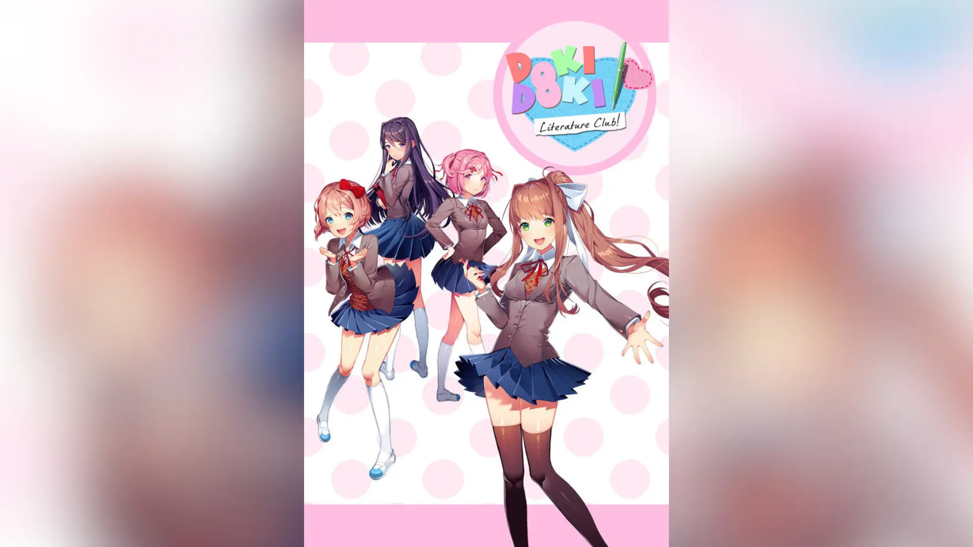 Four anime-style schoolgirls from Doki Doki Literature Club standing beneath the game&rsquo;s pink logo.
