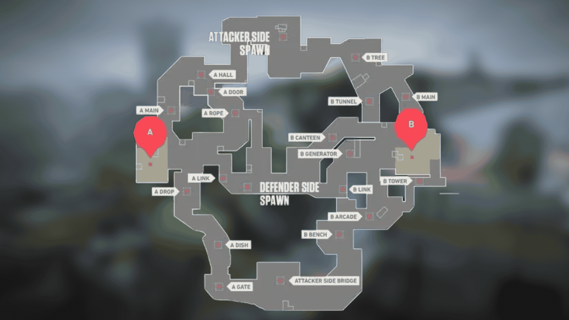 Valorant Fracture map layout showing A site, B site, attacker spawns, defender spawn, and key callouts.