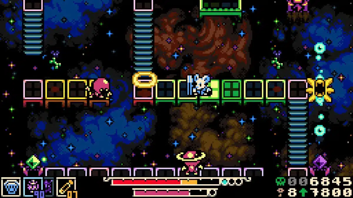 Mina the Hollower gameplay showing Mina exploring a dark pixel-art area with platforms, ladders, and glowing objects.