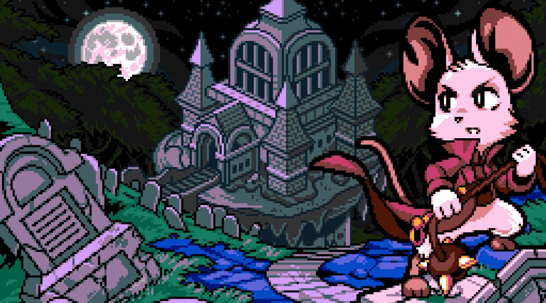 Mina the Hollower pixel art showing Mina beside a Gothic building, gravestones, and a moonlit landscape.